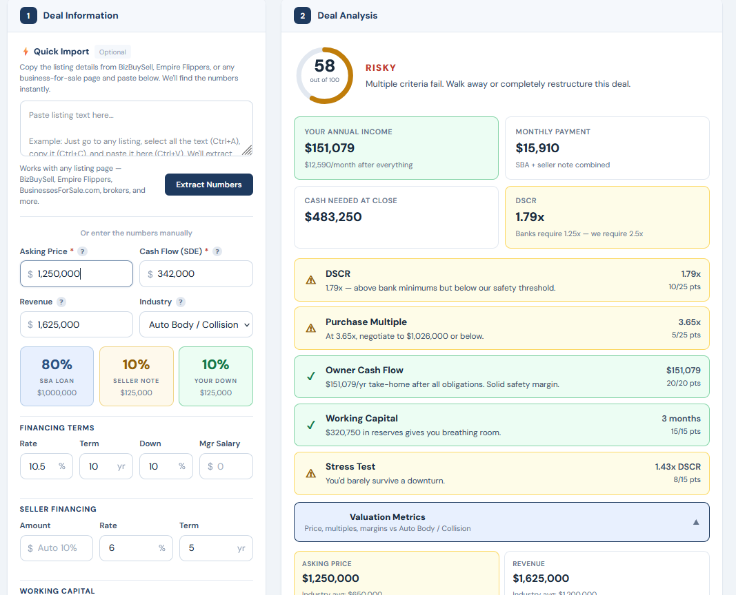 Bulletproof Deal Calculator showing auto repair shop analysis with valuation benchmarks and SBA financing
