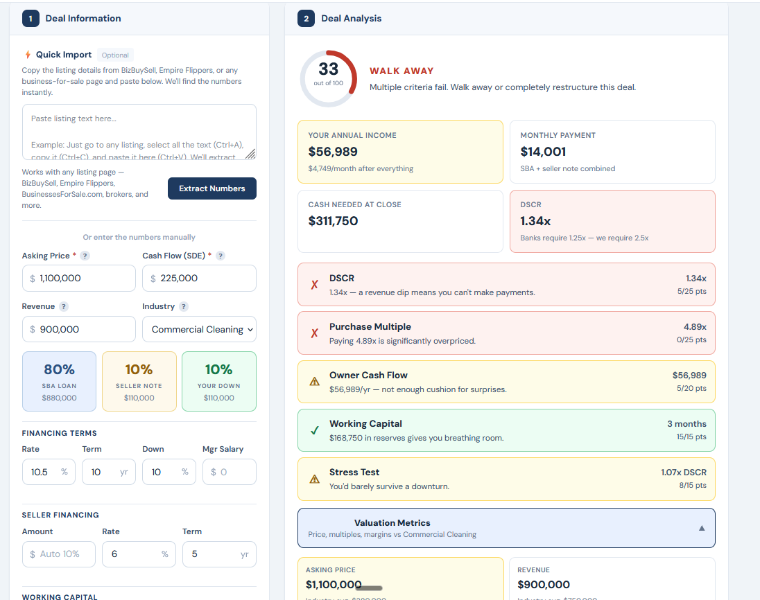 Bulletproof Deal Calculator showing cleaning business analysis with valuation benchmarks