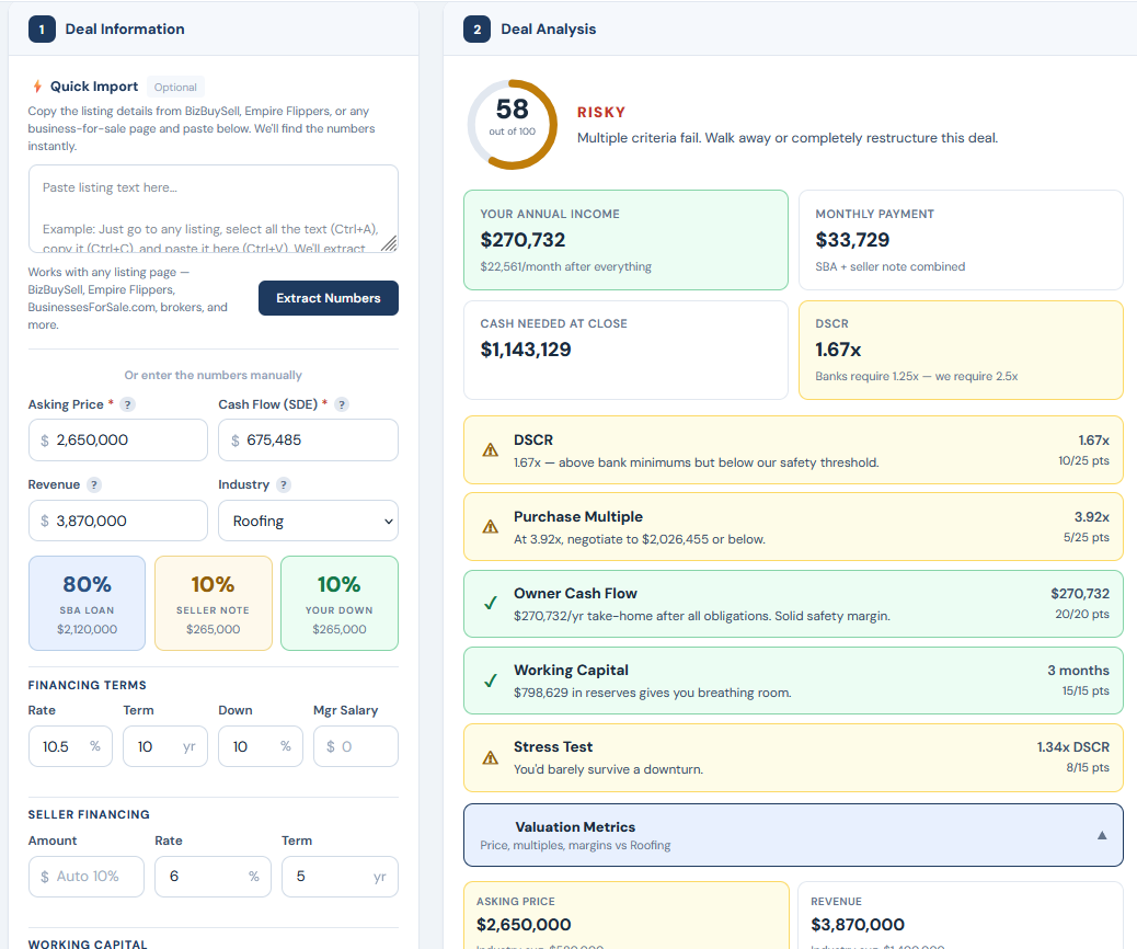 Bulletproof Deal Calculator showing construction company analysis with valuation benchmarks and SBA financing