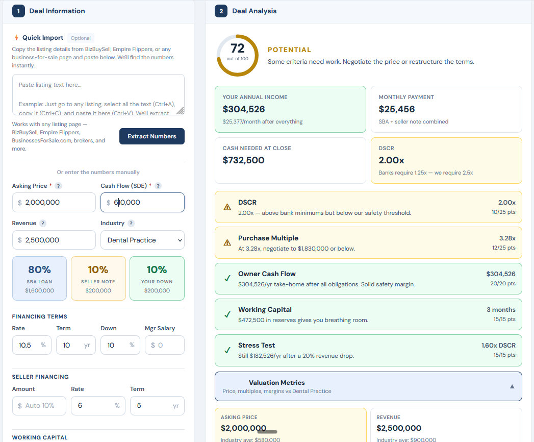 Bulletproof Deal Calculator showing dental practice analysis with valuation multiples and SBA financing