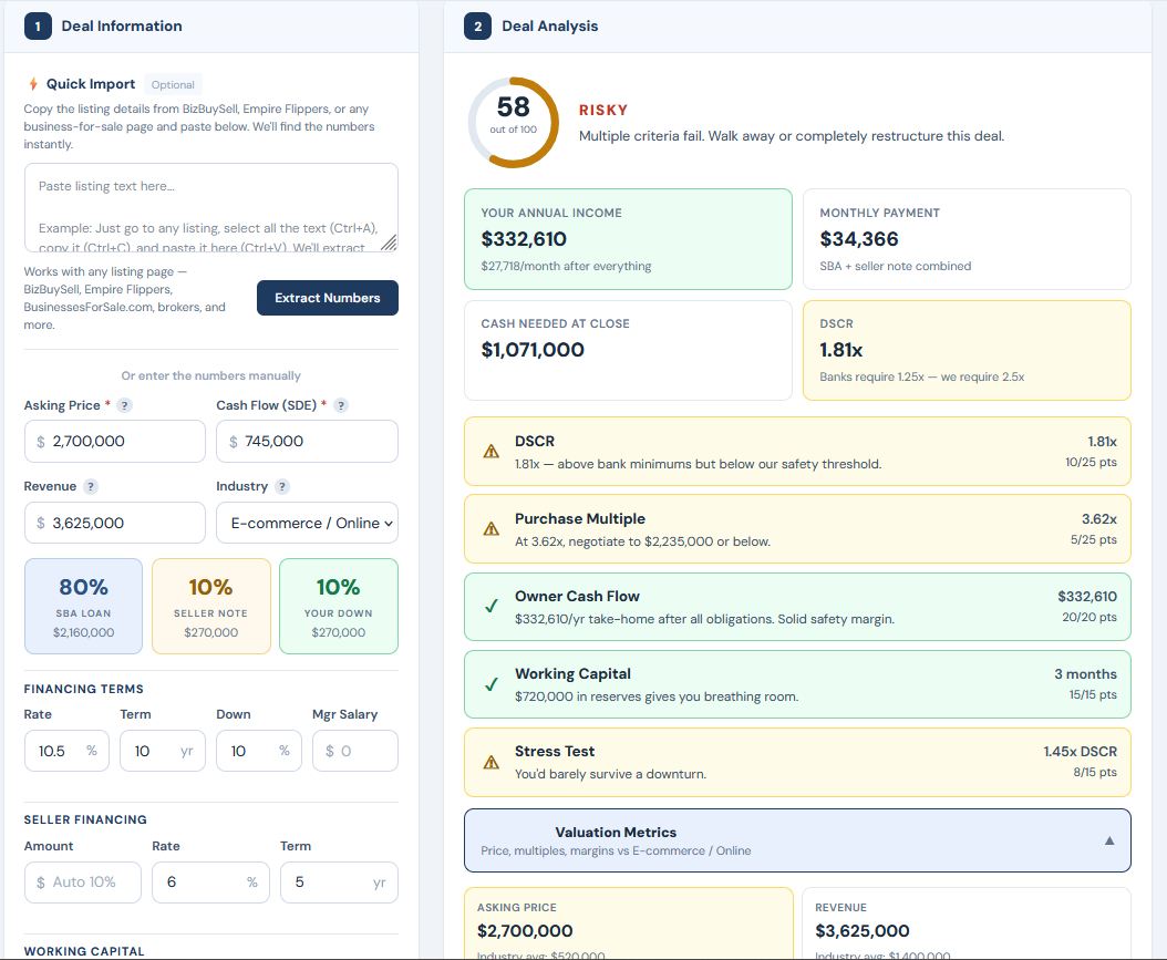 Bulletproof Deal Calculator showing e-commerce business analysis with valuation benchmarks