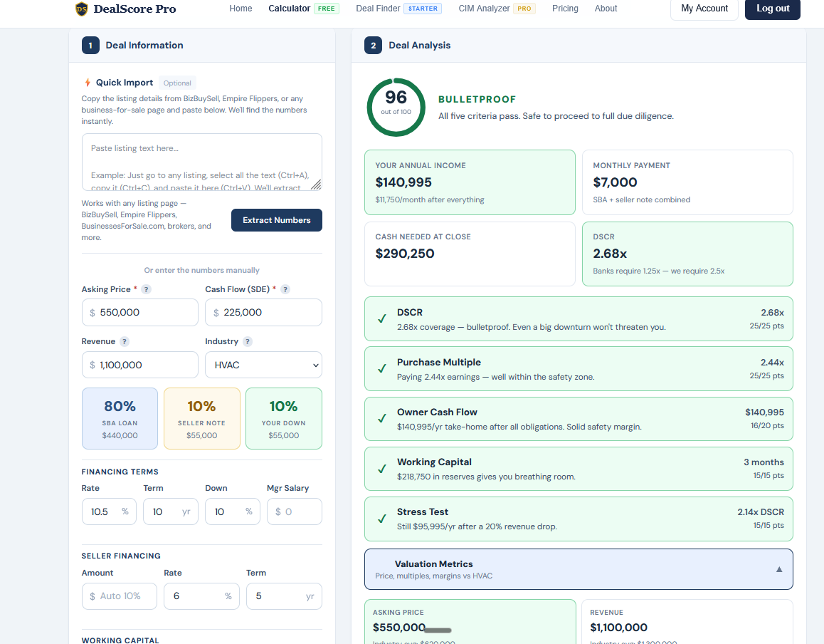 Bulletproof Deal Calculator showing HVAC industry analysis with valuation benchmarks, SBA financing math, and deal scoring