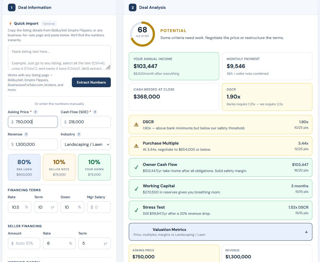 Bulletproof Deal Calculator showing landscaping business analysis with valuation benchmarks and SBA financing