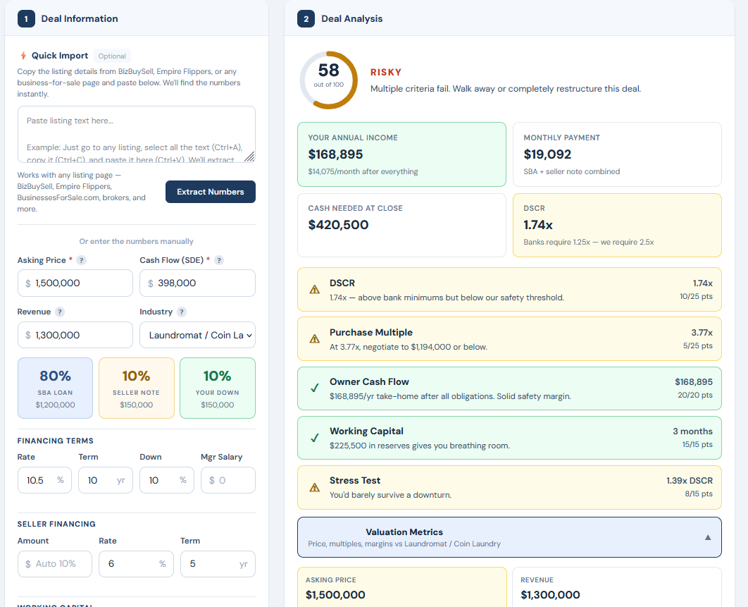 Bulletproof Deal Calculator showing laundromat industry analysis with valuation benchmarks and SBA financing