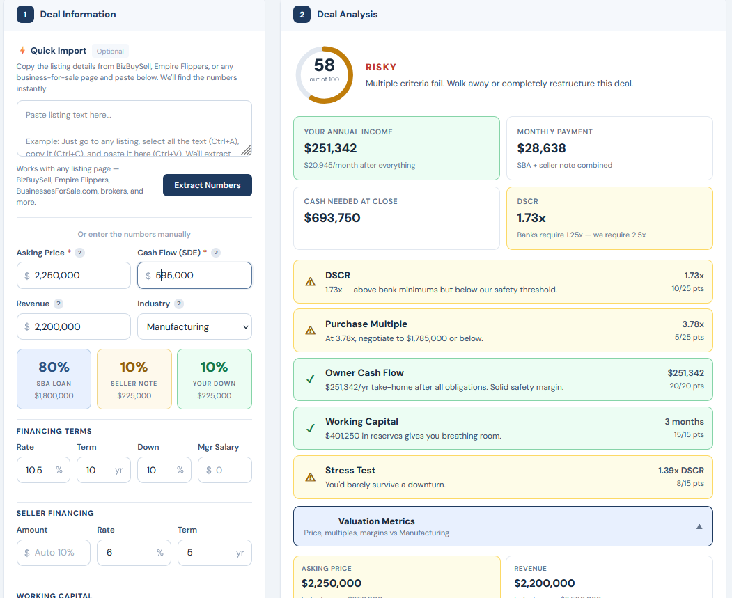 Bulletproof Deal Calculator showing manufacturing business analysis with valuation benchmarks and SBA financing
