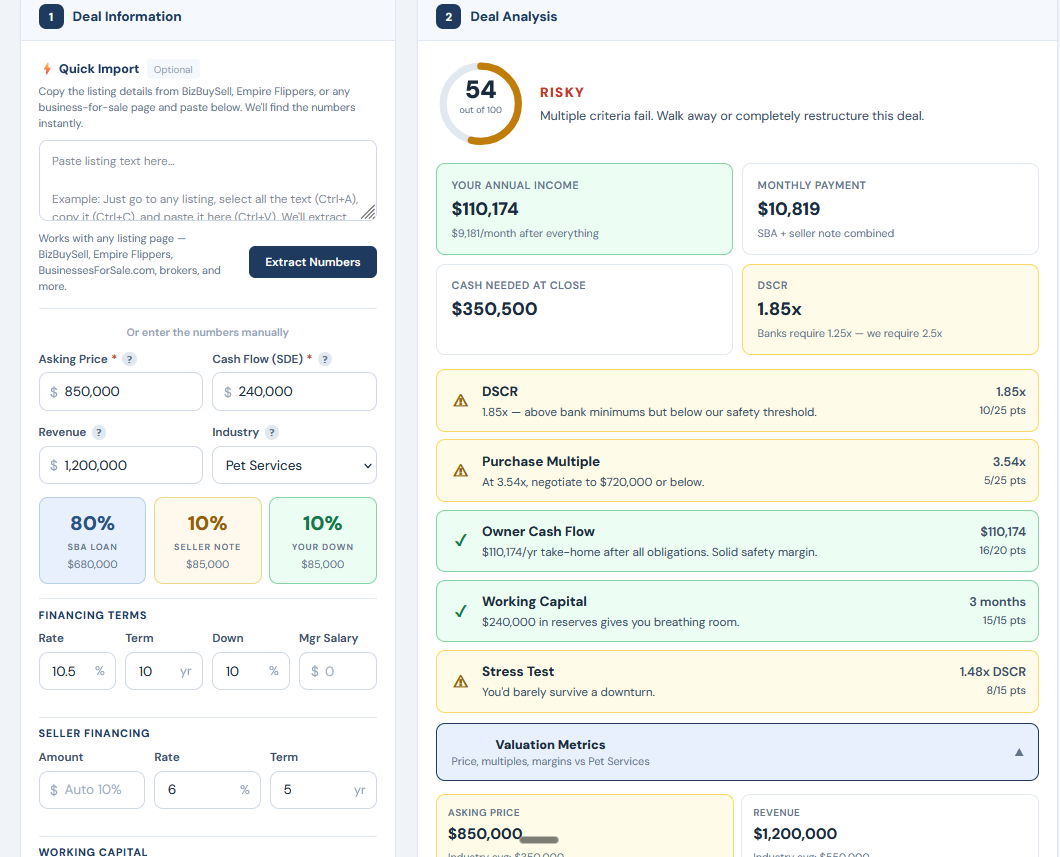 Bulletproof Deal Calculator showing veterinary practice analysis with valuation multiples and SBA financing