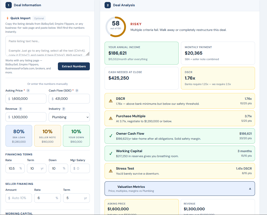 Bulletproof Deal Calculator showing plumbing business analysis with valuation benchmarks and SBA financing
