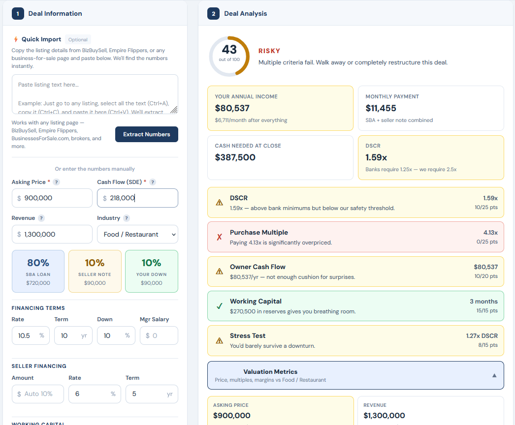 Bulletproof Deal Calculator showing restaurant industry analysis with valuation benchmarks and SBA financing