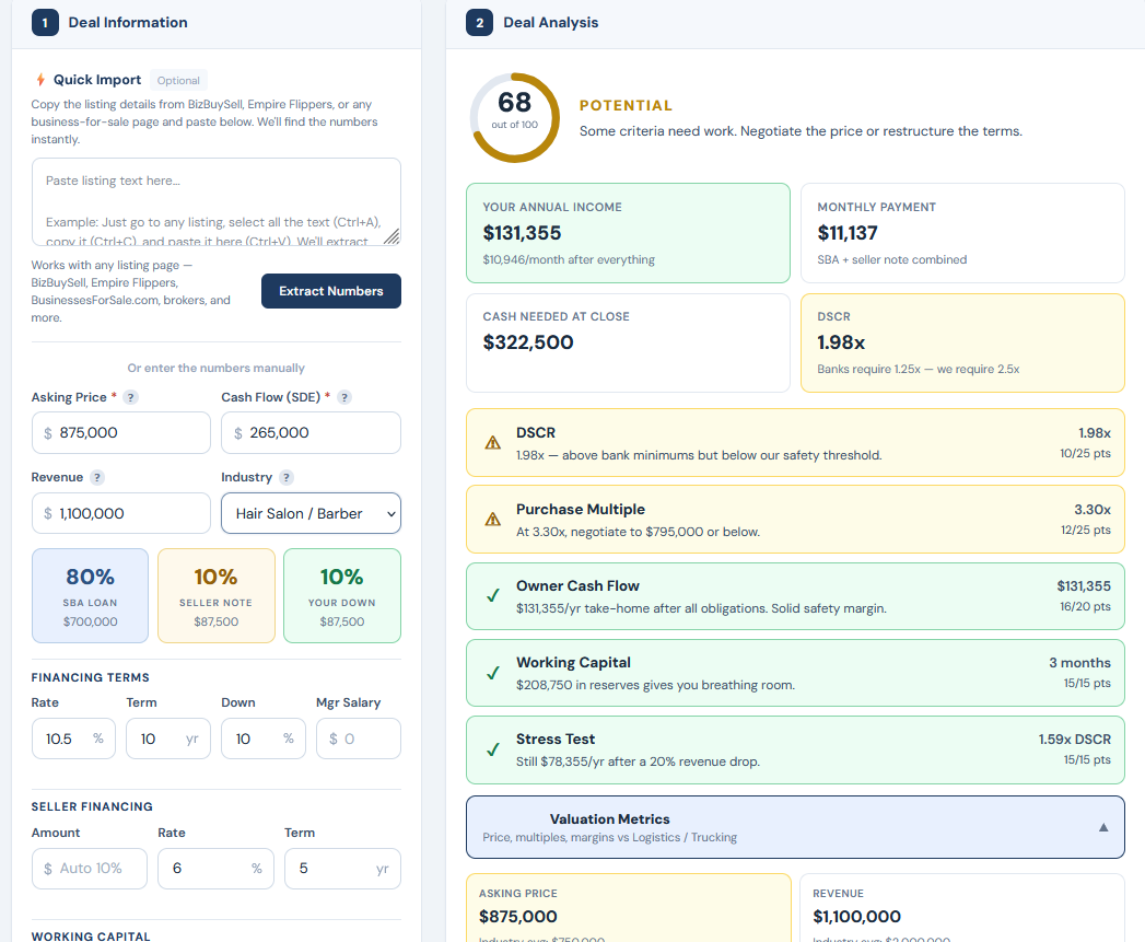 Bulletproof Deal Calculator showing salon business analysis with valuation benchmarks and SBA financing
