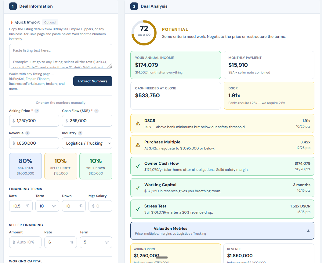Bulletproof Deal Calculator showing trucking company analysis with valuation benchmarks and SBA financing